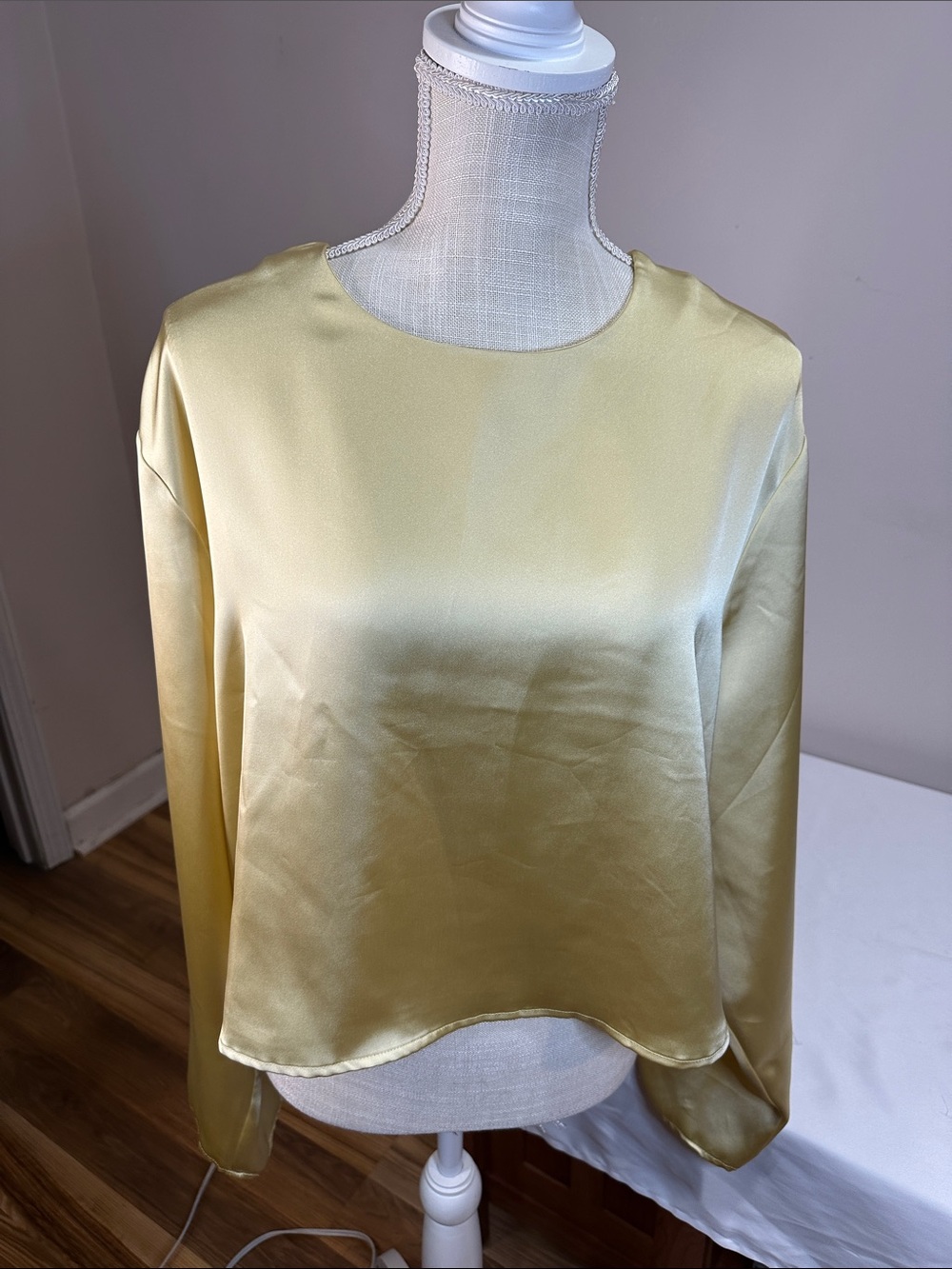 Women's Satin Long-Sleeve Top in Pale Yellow